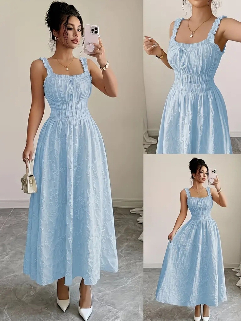 Light Blue Smocked Waist Midi Dress - Women's Summer Dress